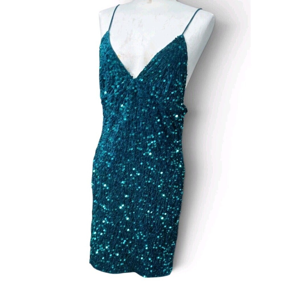 SHEIN Teal Sequin Fringe Bodycon Mini Dress Women's Size L Spaghetti Strap Party